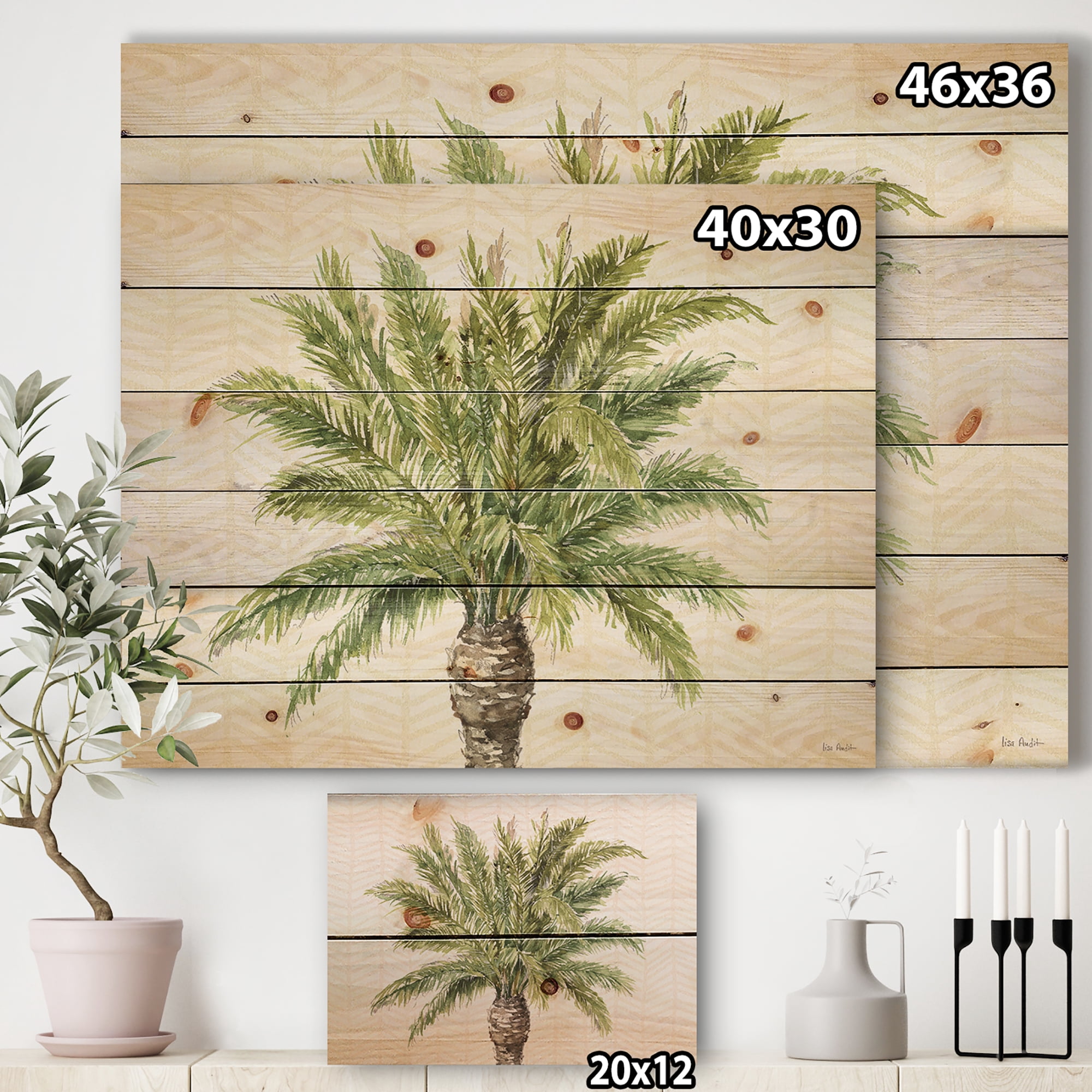 Designart 'Botanical Mixed Green Palms IV' Farmhouse Print on Natural Pine Wood