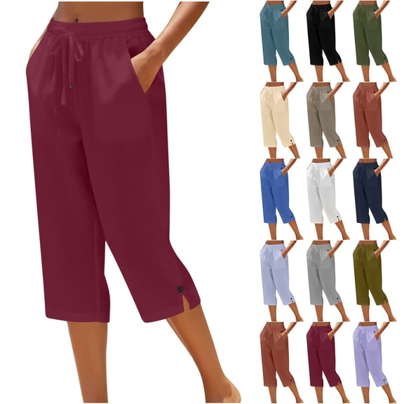 Bloomae Women's Wide Leg Capris Yoga Drawstring Elastic Waist Cotton Crop Pockets Summer Capri Sweatpants Loose Lounge Casual Slit Hem Workout Pants with Pockets Brown XXXXXL