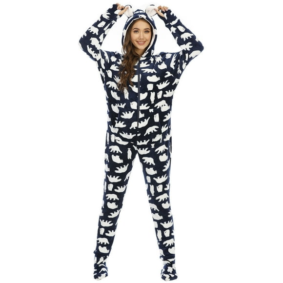 jsaierl Women's Warm Sherpa Romper Fuzzy Fleece Onesie Pajama One Piece Bear Print Cute Zipper Hooded Jumpsuit Sleepwear Playsuit Christmas Pajamas