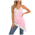 thumbnail image 3 of Flowy Asymmetrical Tops for Women Satin Deep V Neck Spaghetti Strap Tank Top Lace Trim Silky Casual Evening Wear Camisole, #03 Pink, XL, 3 of 7