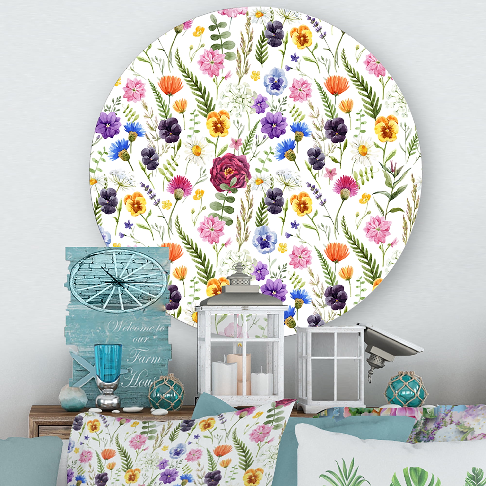 Designart 'Coloful Wildflowers Floral Pattern II' Traditional Circle Metal Wall Art 23x23 - Disc of 23