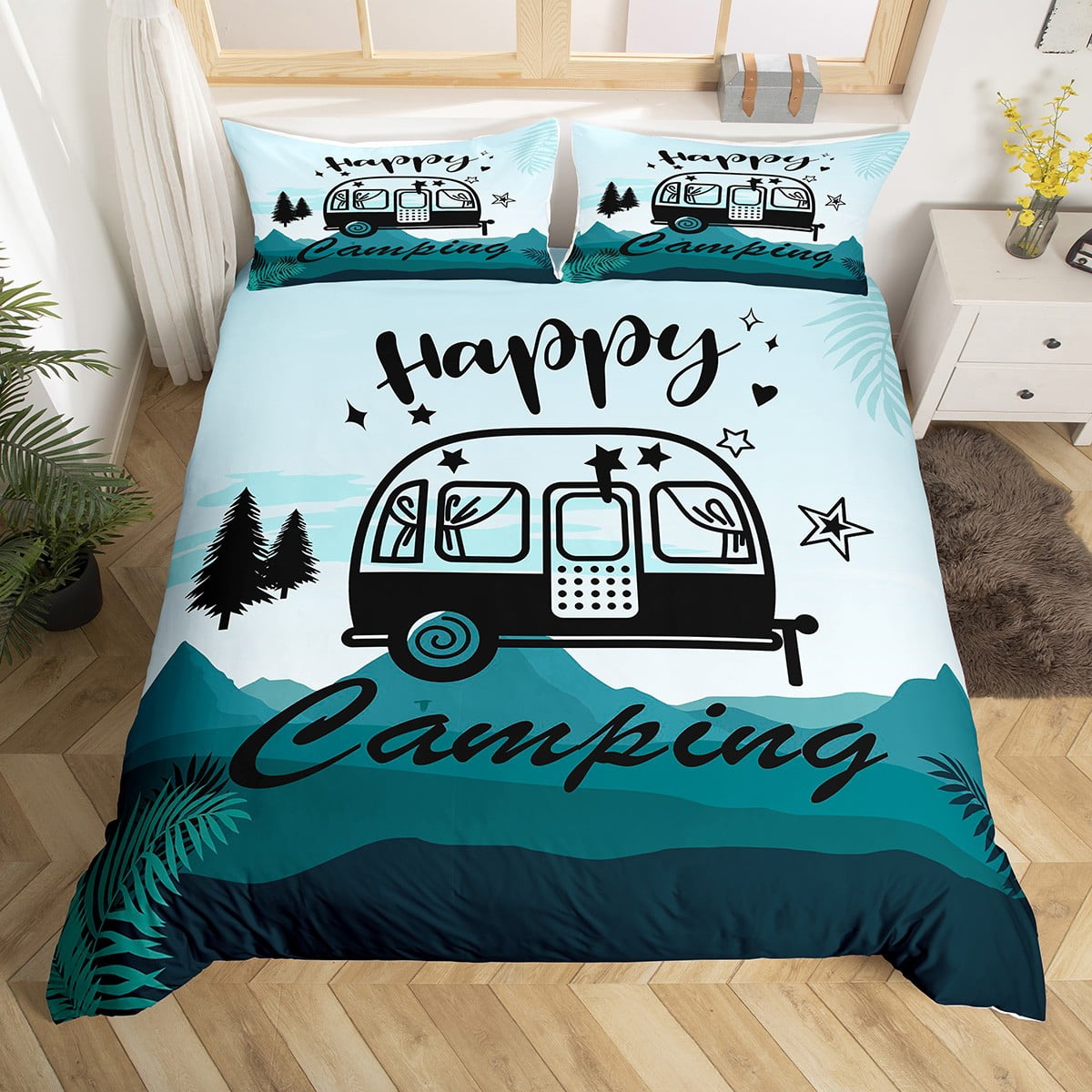 Happy Camping Bedding Set for Family Boys Girls Rustic Farmhouse Duvet