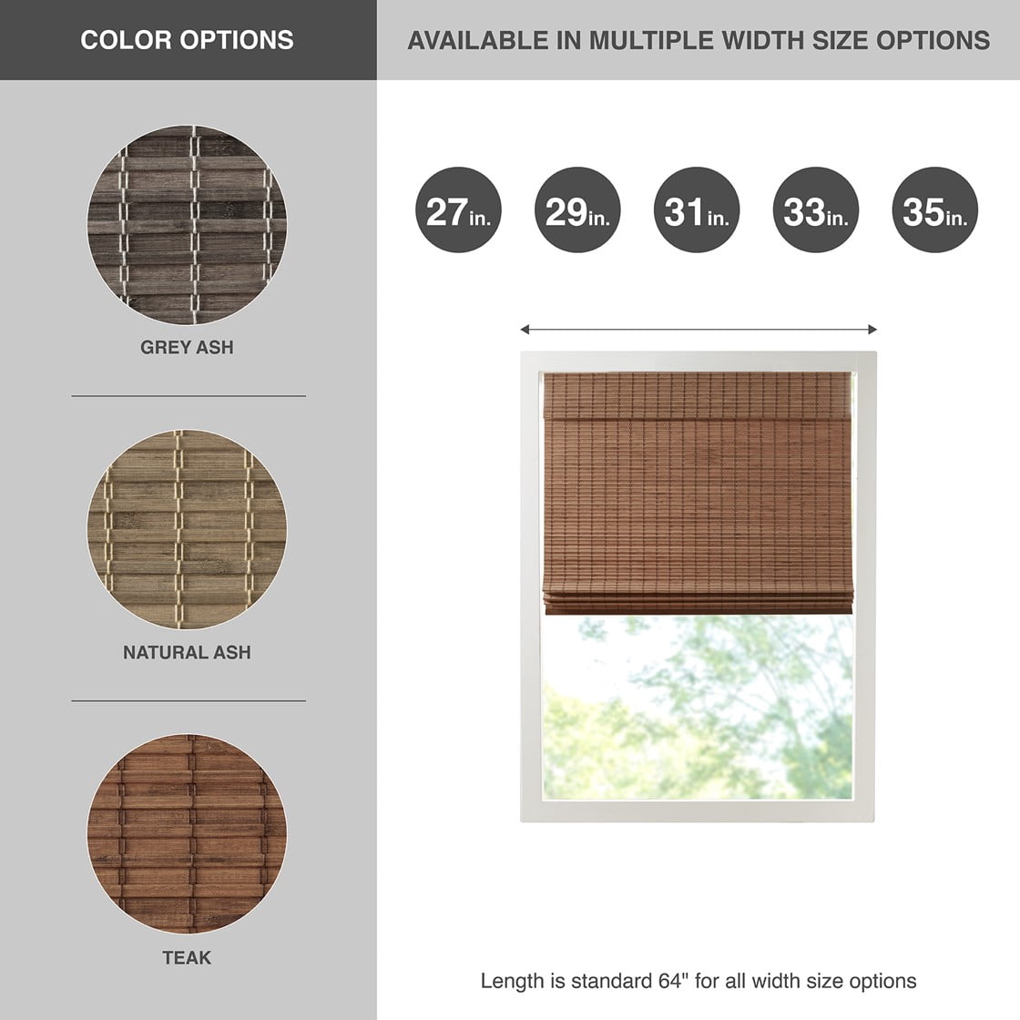 MAYEERTY Bamboo Light Filtering Privacy Roman Window Shade, Teak, 64" L x 27" W