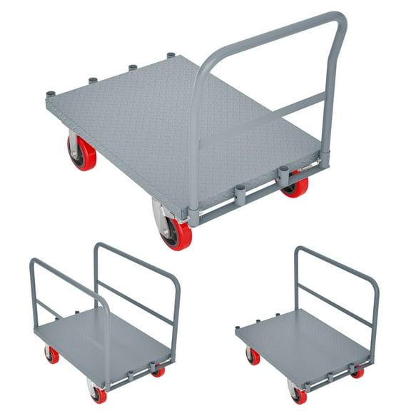 Heavy Duty Steel Panel Truck, 2000 lbs Capacity Drywall Cart, Platform Flat Cart with 6” Swivel Brake Casters, 1 Front Handlebar and 2 Side Handrails