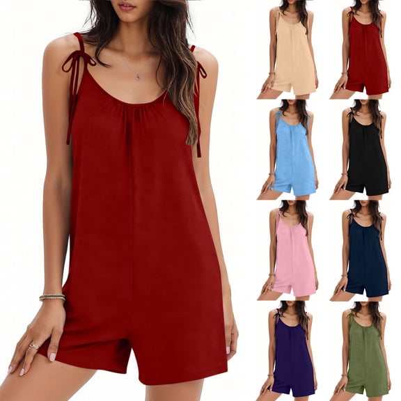 Womens Romper Shorts with Pockets Spaghetti Strap Cami Short Jumpsuits Ruffled Cute Summer One Piece Outfits (XL, Red)