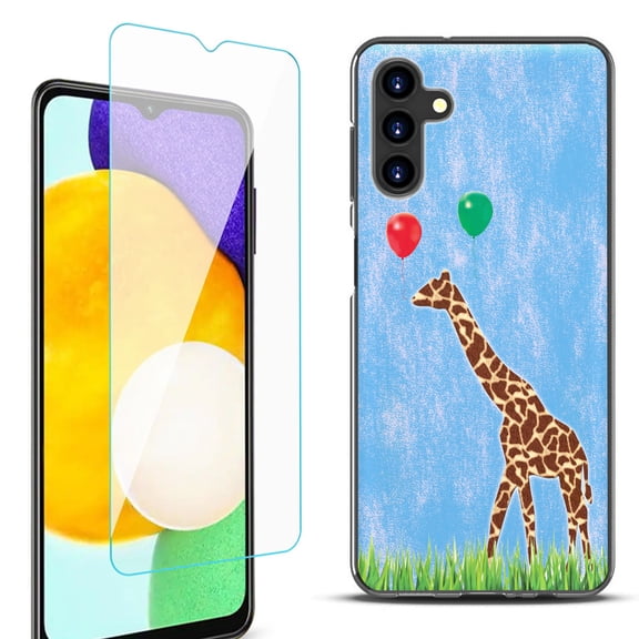 Slim-Fit Protective Fashion Phone Case (Black) for Samsung Galaxy A13 5G, with Tempered Glass Screen Protector, by OneToughShield ® - Giraffe/Balloon