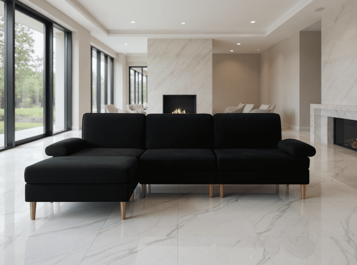 Gewnee Sectional Sofa with Movable Ottoman, 4-Piece Reversible Velvet Couch- Solid Wood+Metal Frame, Non-Slip Leg Pads, for Living Room/Apartment/Office