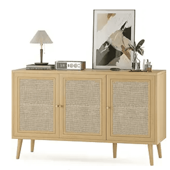 MAYEERTY Natural 47*15*28"Rattan-Fronted Sideboard Cabinet with 3 Doors for Dining Room & Entryway Storage