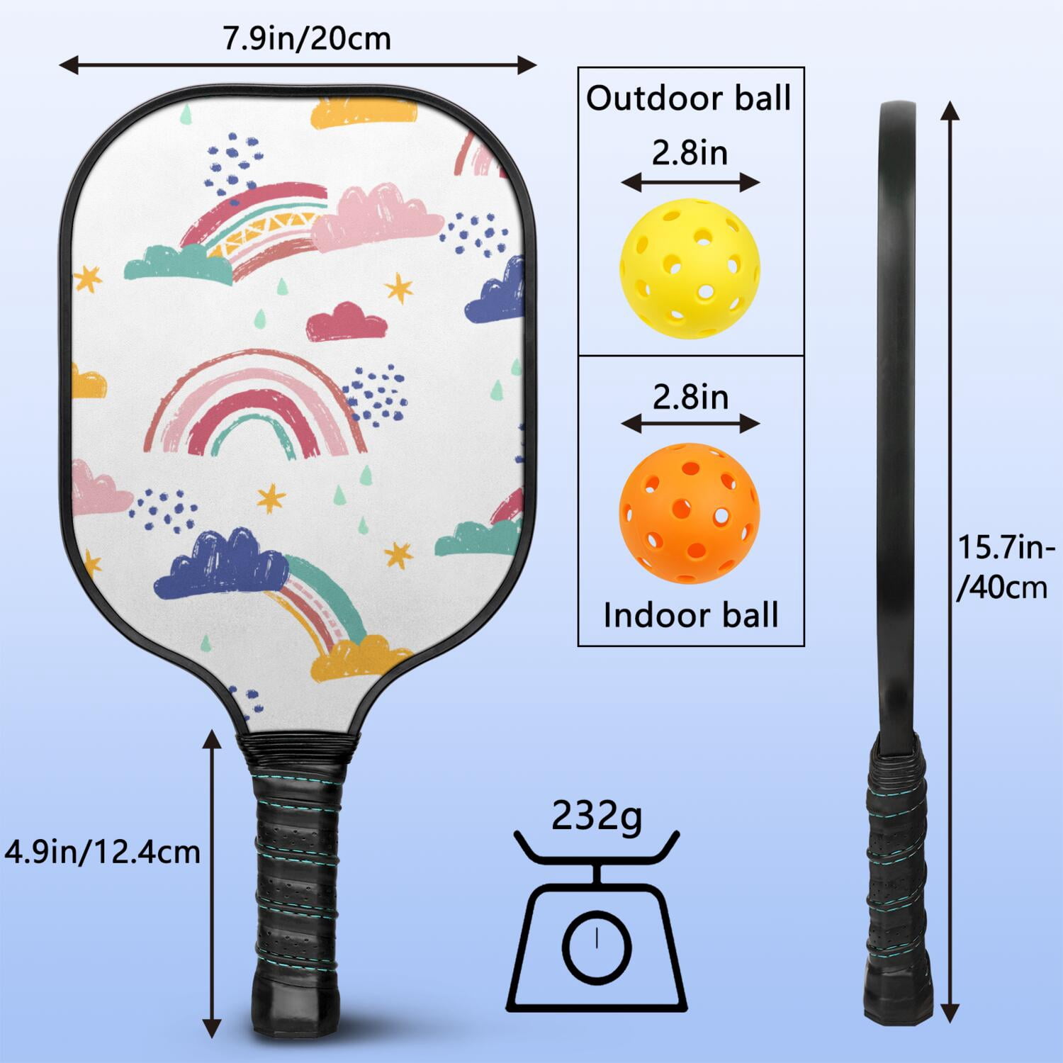 Pickleball Paddles Set Of 1, Fiberglass Surface, Vibrant Rainbow Print, 1 Paddle, 2 Balls & Bag