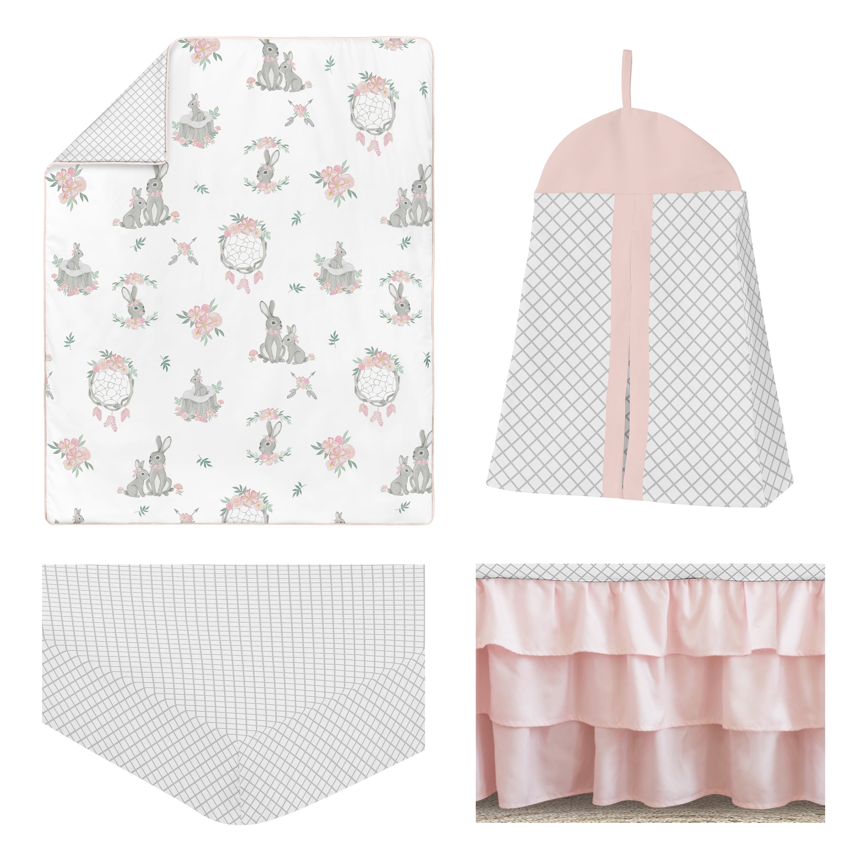 Sweet Jojo Designs Bunny Floral Pink Grey and White 4 Piece Crib Bedding Set