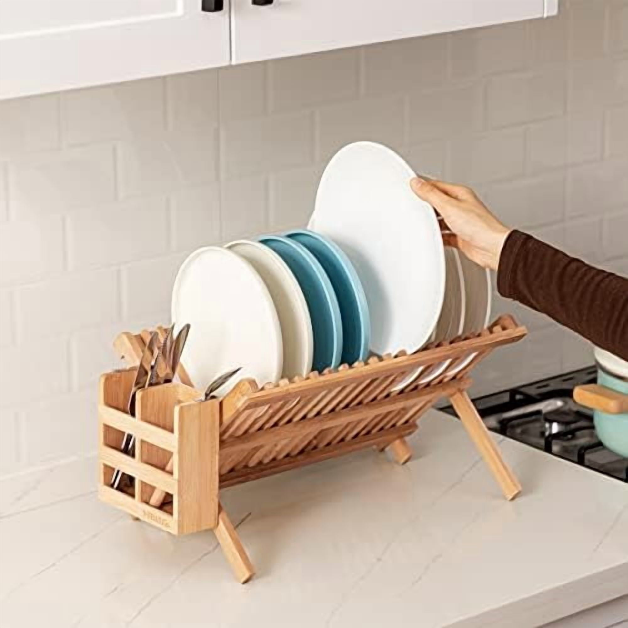 Dish Rack, Bamboo Folding 2-Tier Collapsible Drainer Dish Drying Rack with Utensils Flatware Holder Set (Dish Rack with Utensil Holder)