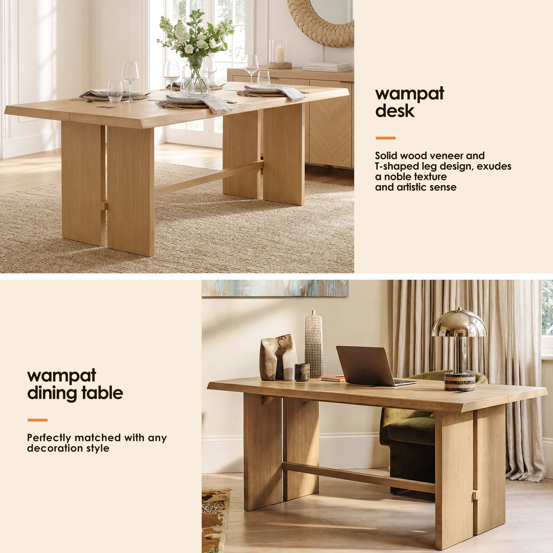 WAMPAT 67 Inch Home Office Writing Desk, Solid Wood Veneer Top, Stable Wooden Computer Desk with Black Bow Accent, Easy Assembly Workstation for Study & Bedroom
