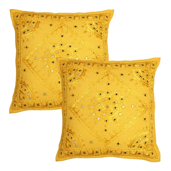 Stylo Culture Indian Sofa Throw Pillow Covers 16 x 16 Hand Embroidered Mango Yellow Boho 40x40 cm Home Decor Cotton Mirrored Square Cushion Covers | Set Of 2