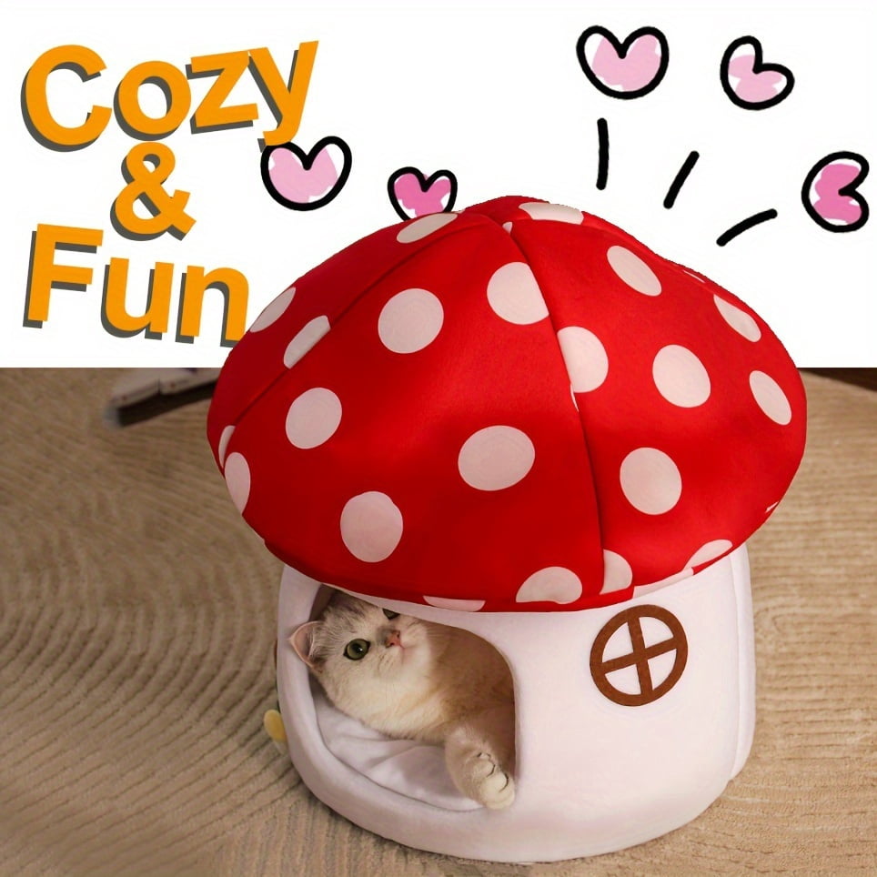 Cute Cat Bed Cave for Indoor Highland Mushroom Shaped Pet Plush House Self-Warming Nest Small Dogs Rabbits with Removable Cushion for Puppy Bed with Hanging Toy (Red Mushroom)