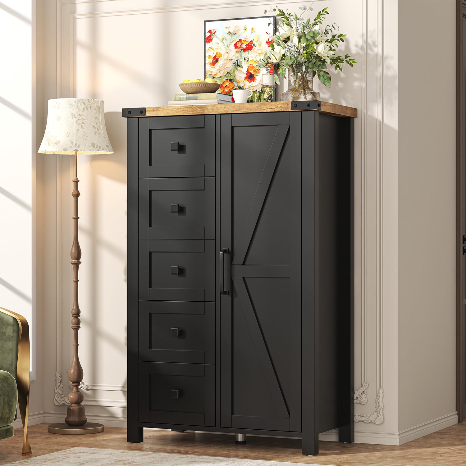 VVFLU Farmhouse 5 Drawer Dresser Storage Cabinet Chest of Drawer for Bedroom, 48" Tall Black Wood