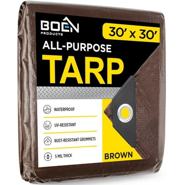 Boen Brown Large Multi-Purpose Tarp 30 ft x 30 ft, 5 Mil Thick, Rust-Proof Grommets Every 36 in, Water-Resistant and Tear-Resistant