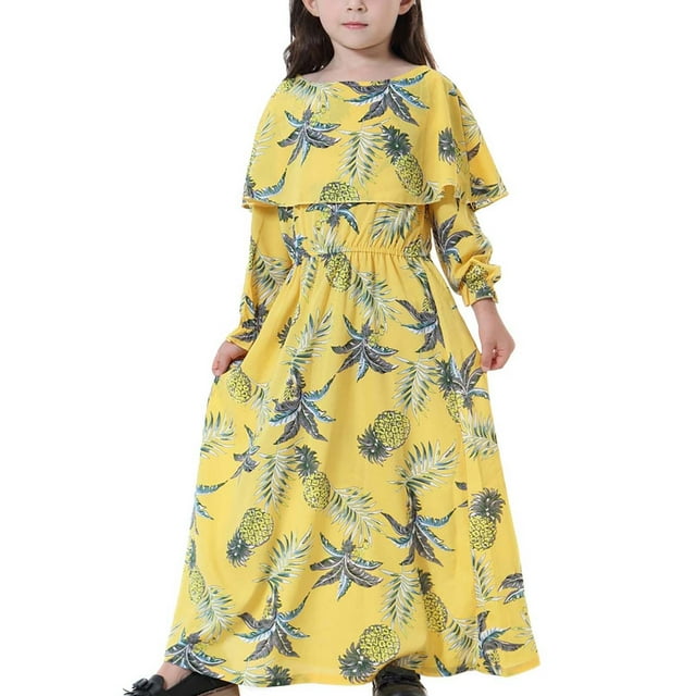 EGNMCR Robe Sans Manches à Col Rond Robe Musulmane Longue Robe Mi-Longue Grande Fille Robe à Manches Longues à Col Rond Imprimé Dentelle Robe Fille
