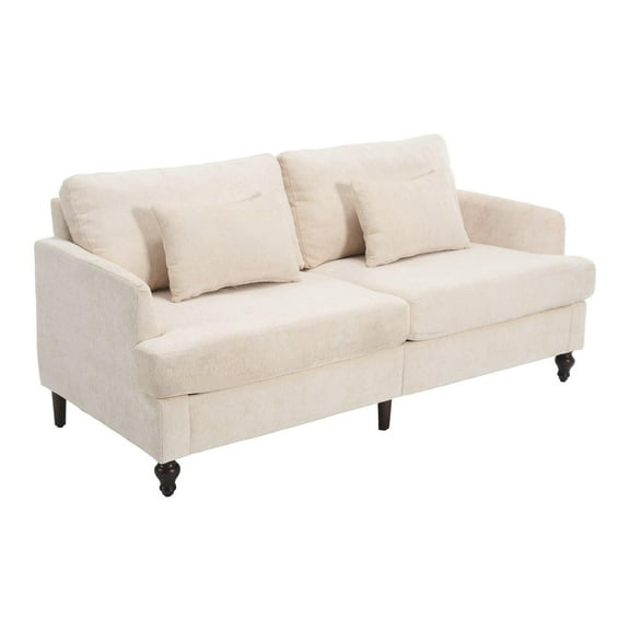 Mid-Century Modern 2-Seater Loveseat Sofa with Beige Chenille Fabric & Brown Wood Legs, Thick Removable Cushions, for Living Room, Bedroom, Small Space
