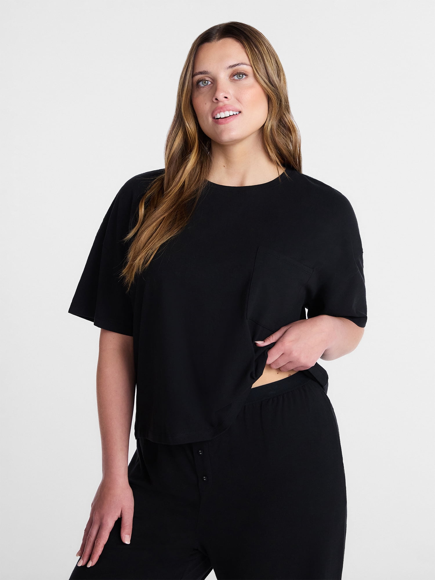 Joyspun Women’s Cotton-Blend Sleep Lounge Top with Short Sleeves, Sizes S-3X
