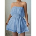 thumbnail image 5 of Women'S Off Shoulder Tube Romper Casual Floral Print Summer Strapless Pleated Elastic Waist Beach Short Jumpsuits Blue S, 5 of 6