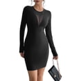 thumbnail image 3 of Women'S Solid Color Round Neck Mesh Insert Chest Detail Long Sleeve Bodycon Slim Dress, 3 of 9