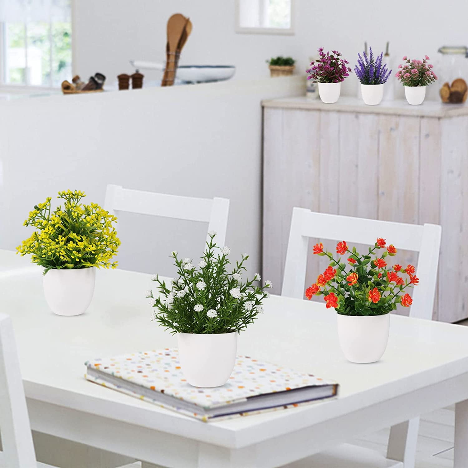 Artificial Small Plant 6pcs Fake Flower Potted Plant Bathroom for Indoor Decor Window Tabletop Office Colorful