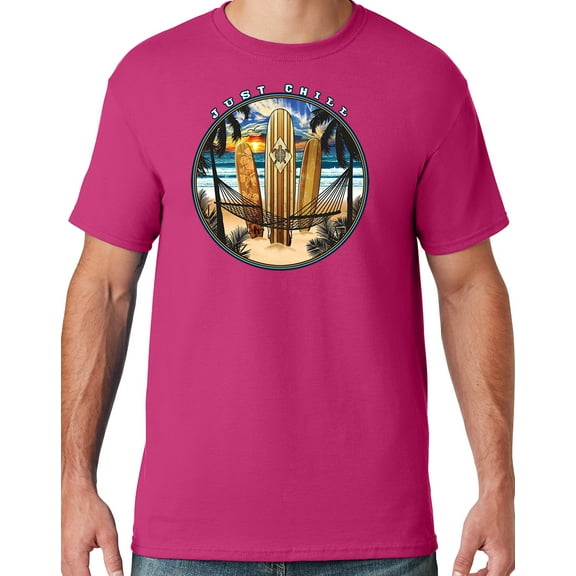 Mens Manu Bay Surf Company JUST CHILL SURFING T-shirt, Large Cyber Pink