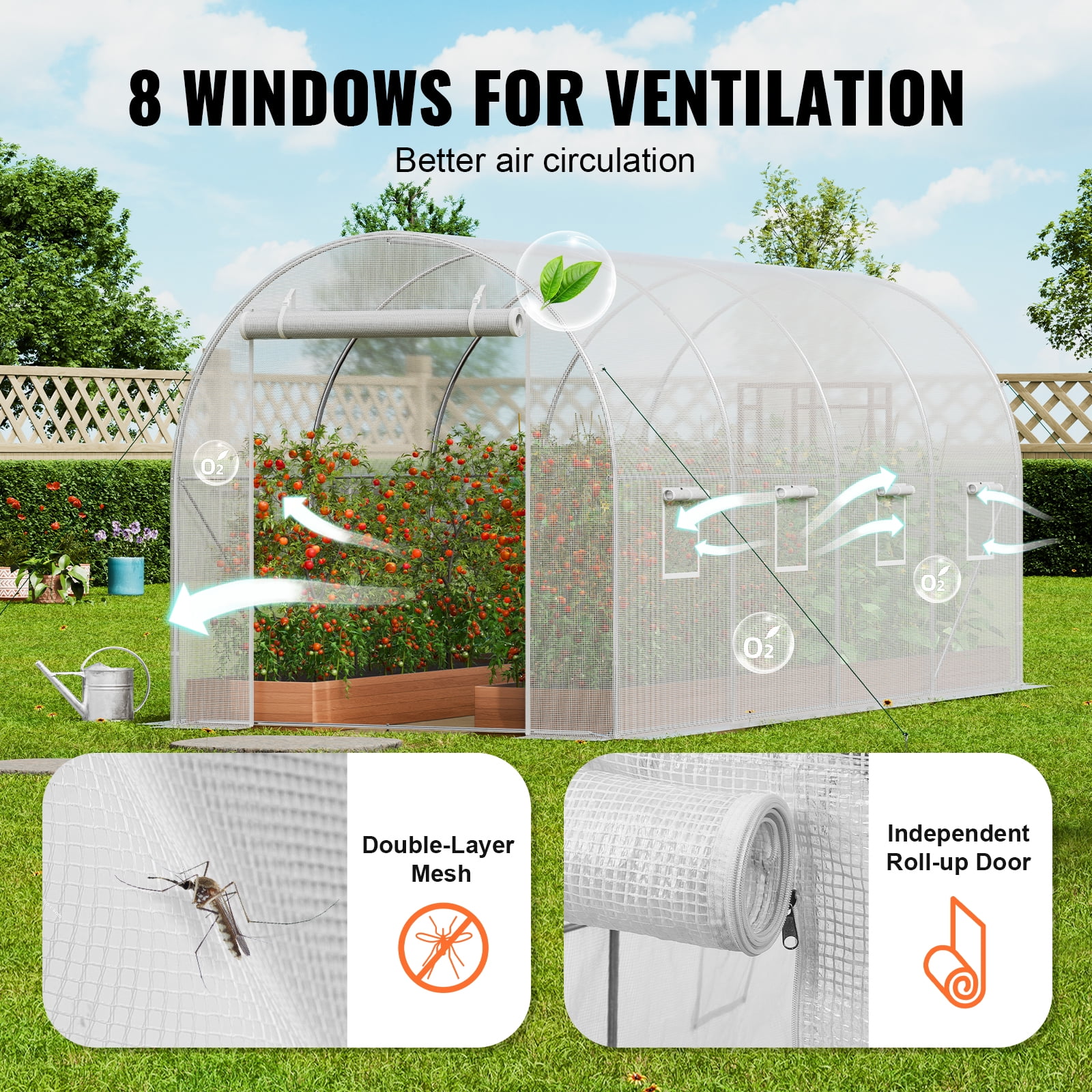 KFFKFF Walk-in Tunnel Greenhouse, 15x7x7 ft, Featuring a Durable Galvanized Steel Frame and White PE Covering, Equipped with a Roll-up Zipper Door and 8 Ventilation Windows
