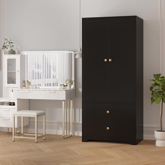 Wood Armoire Wardrobe Closet, 71" Wood Clothing Storage Cabinets with 2 Doors, 1 Adjustable Shelf and 2 Drawers, Wardrobe Cabinet with Hanging Rod for Bedroom, Gym, Cloak Room, Black