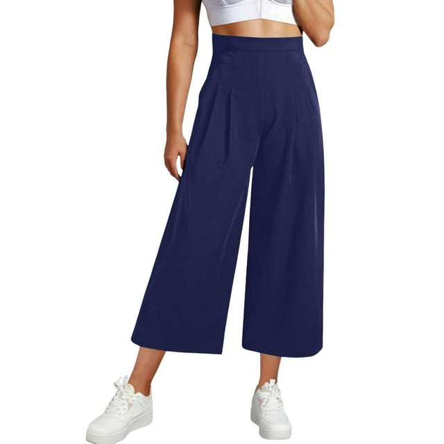 Womens Wide Leg Cropped Suit Pants Work Business Summer Pleated Waisted Side Zipper Up Trousers With Pockets