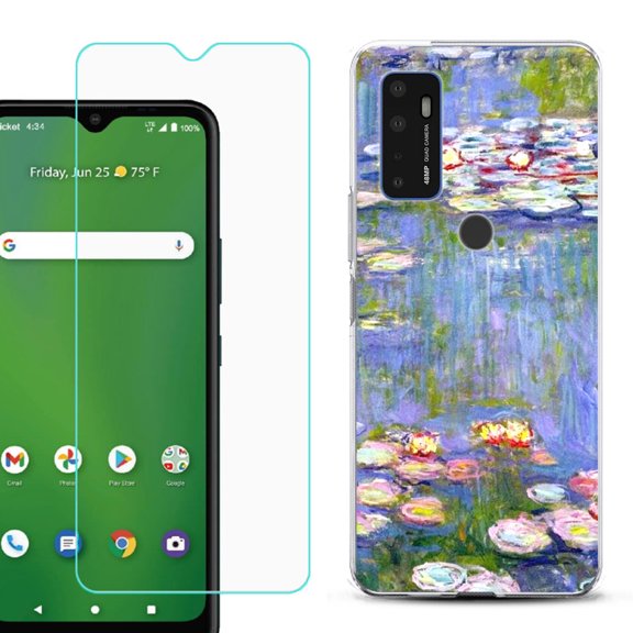 Shockproof Bumper Phone Case for AT&T Radiant Max 5G / Fusion 5G, with Tempered Glass Screen Protector, by OneToughShield ® - Water Lilies