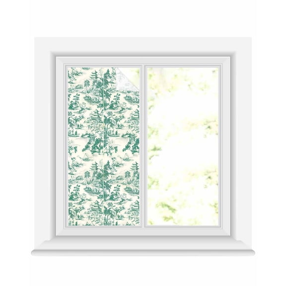 Window Privacy Film Green Garden Retro Stained Glass Window Film Decorative Sun Block Window Cover Modern Art Building Tree Boat Window Clings Static Adhesive Sticker for Bathroom 19.6"x39.3"