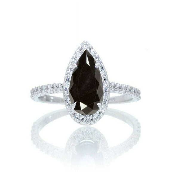 1.5 Carat Classic Pear Cut Black Moissanite With Diamond Moissanite Celebrity Engagement Ring on 10k White Gold