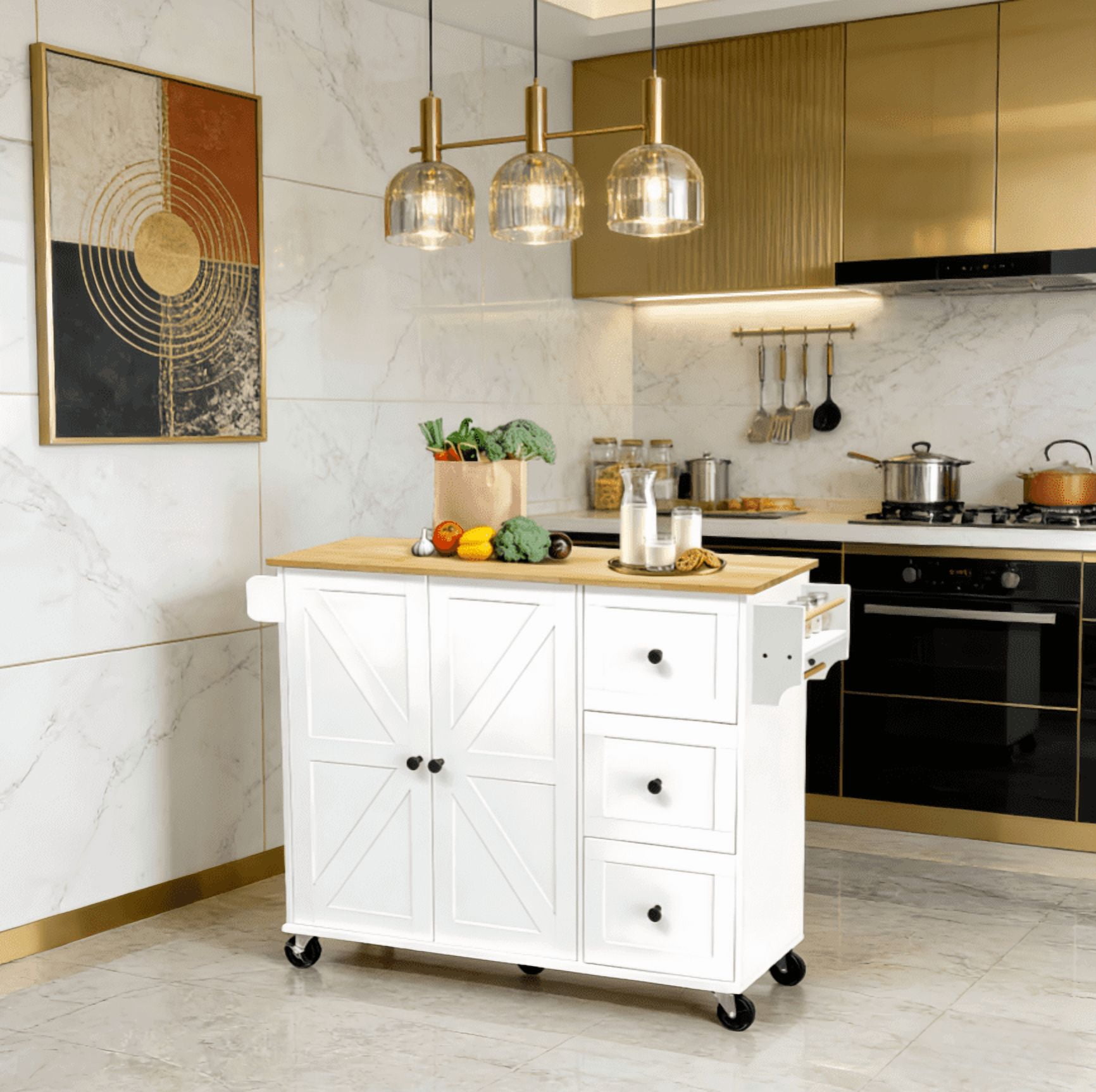 【HOSTK】White Rolling Kitchen Island Cart with Storage Cabinet, Drawer, Wine Rack & 2 Adjustable Shelves, Mobile Kitchen Storage Cabinet on Wheels