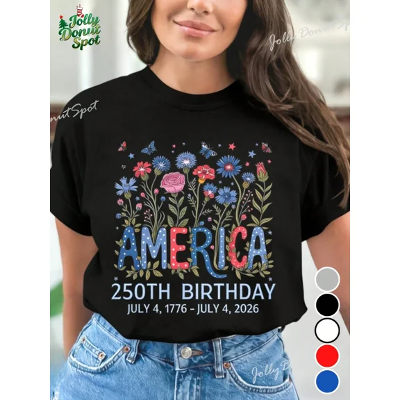 Retro America 250th Birthday Floral T-Shirt Patriotic July 4th 1776-2026 Semiquincentennial Women's Short Sleeve Graphic Tee Vintage Independence Day Celebration Top