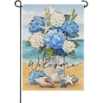 Welcome Spring Summer Flower Small Decorative Garden Flag, Hydrangea Floral Mason Jar Beach Coastal Yard Lawn Outside Decor, Nautical Conch Starfish Outdoor Home Decoration Double Sided 12.5 x 18