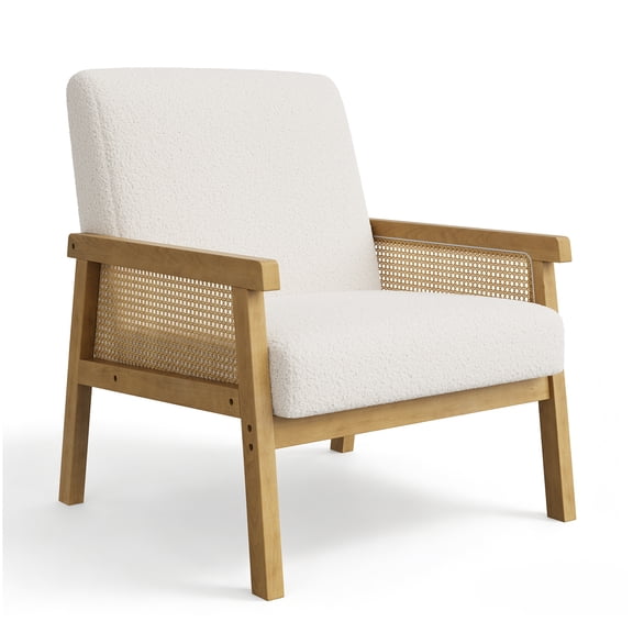 Rugerasy Modern Accent Chair with Sturdy Wood Legs, Thickened Seat Cushion and PE Rattan Woven Decoration, Armchair for Bedroom, Reading Room