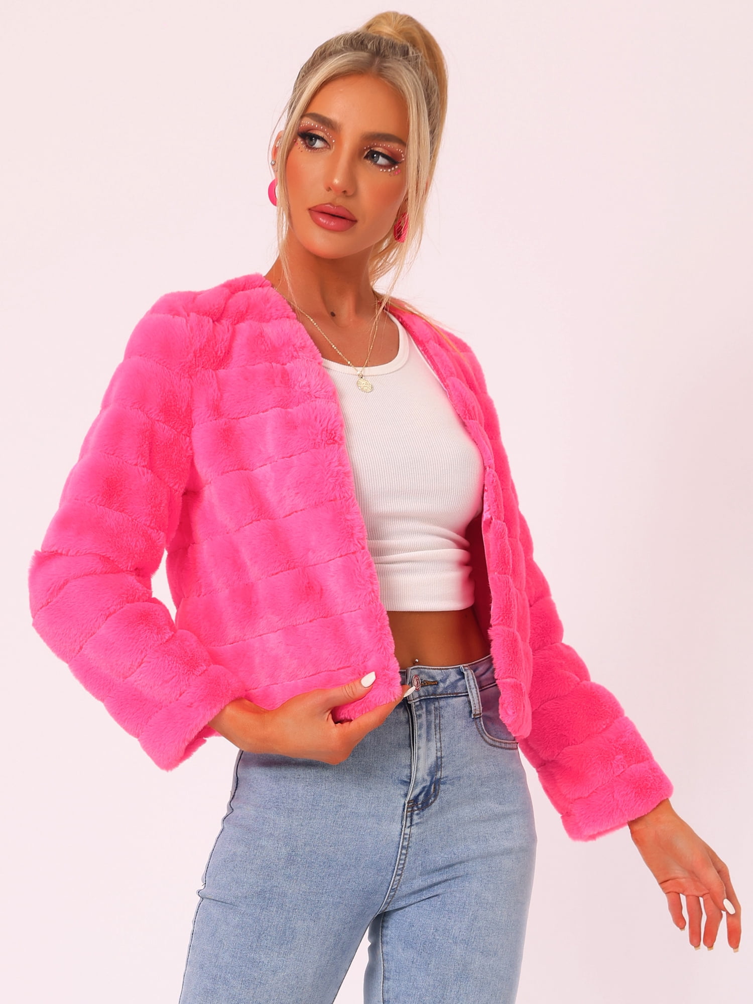 DARING DIVA Women's Long Sleeve Collarless Shaggy Soft Faux Fur Coat XS Hot Pink