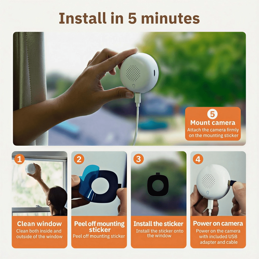 VividEye 2K Window Cameras For Home Security, 5G & 2.4GHz WiFi Indoor Camera With Full Color Night Vision, Human/Motion Detection, 24/7 Recording, Peel-and-Stick, Easy & Quick Install