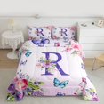 thumbnail image 2 of Homewish Flower Monogrammed R Full Size Comforter Sets for Kids, Cartoon Butterfly Bedding Comforter Set, Purple Initial Letter Reversible Bedding Sets, Lightweight Room Decor, 3 Pieces, 2 of 8