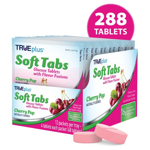 TRUEplus Soft Tabs Glucose Tablets, Chewable, 16g Carbs, Cherry Pop, 4 Count, 72 Packs