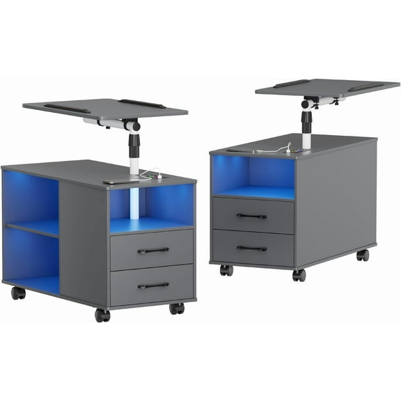 Nightstand Set of 2 with Wireless Charging Station and Auto Senor,RGB Bedside Table with 360°Adjustable Rotary Table,Night Stand with Open Shelves,Drawers,5 Wheels,(Grey)