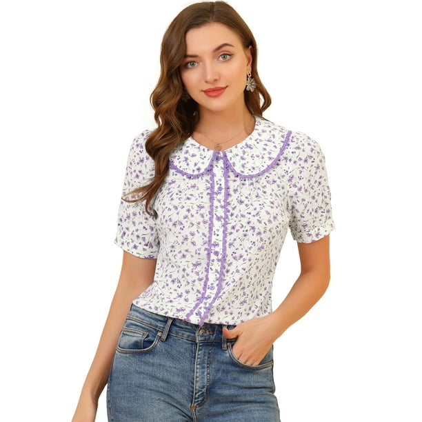 Blusa Floral Allegra K para Mujer con Cuello Peter Pan y Encaje con Botones Blanco L