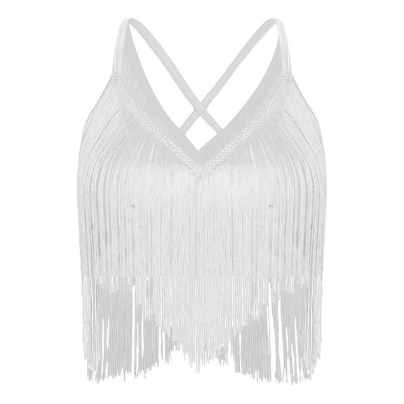 SiiRoh Women Tassel Latin Dance Crop Tank Top Spaghetti Straps Lyrical Ballroom Dancing Shirt White M