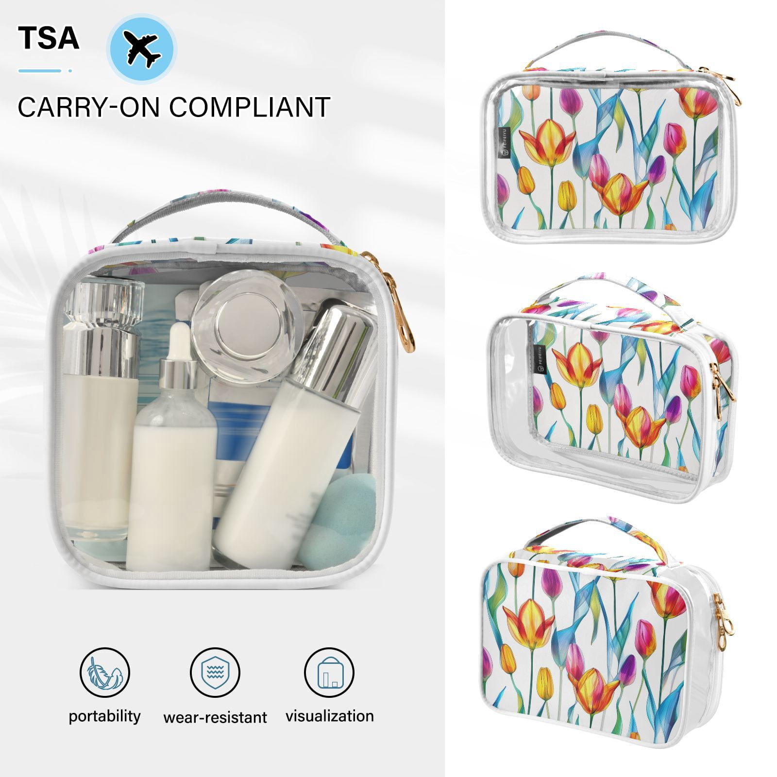 Clear Makeup Bags with Handle Large Opening 2 Pack Set Toiletry Bag Quart Size Bag, for Women Man Traveling Travel Essentials, Toiletries and Other. Tulipa Blue Leaf