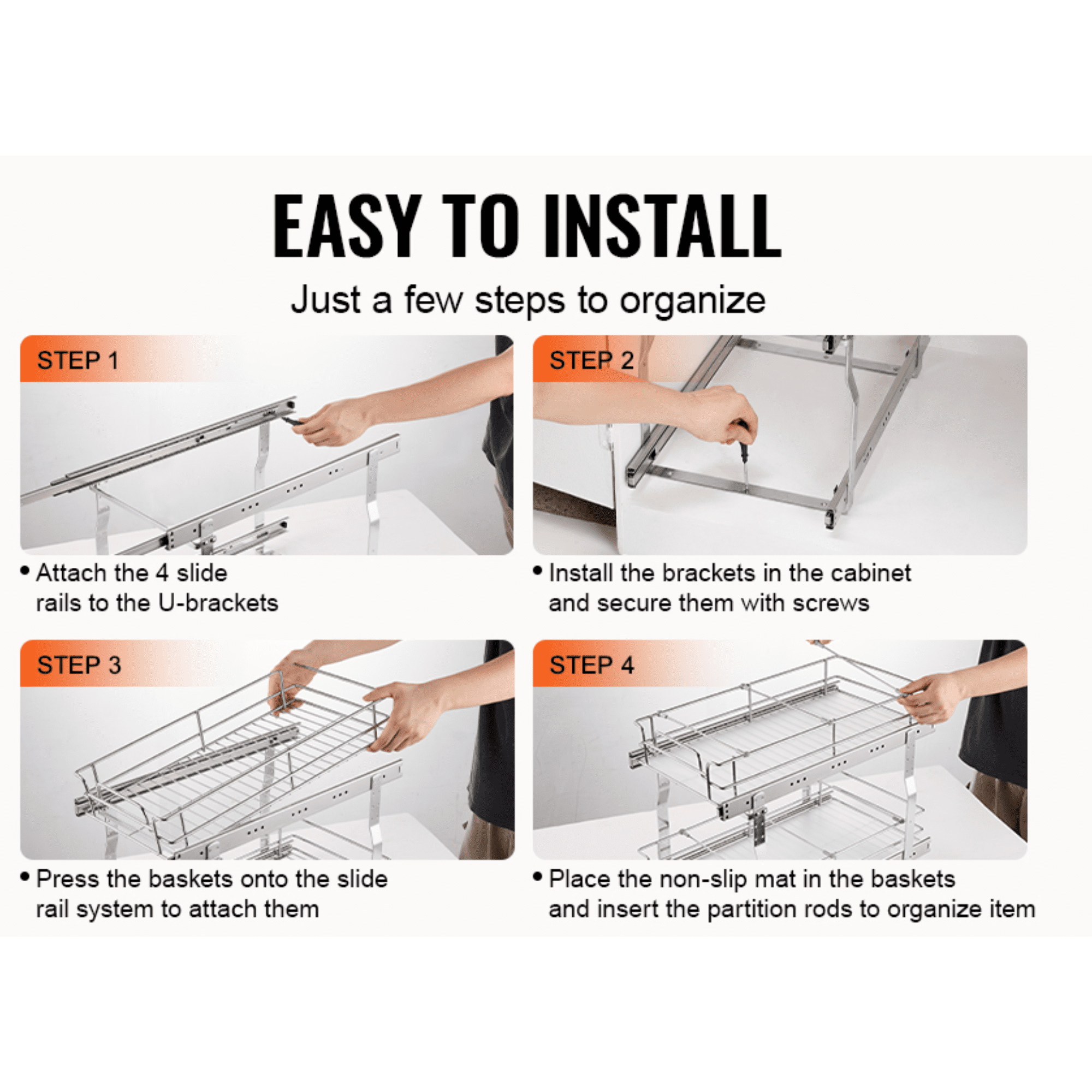 2 Tier Pull Out Cabinet Organizer, 12” W x 21” D Heavy Duty Sliding Pantry Shelves with Dividers, Steel Roll-Out Drawer for Kitchen Cabinet & Under Sink Storage