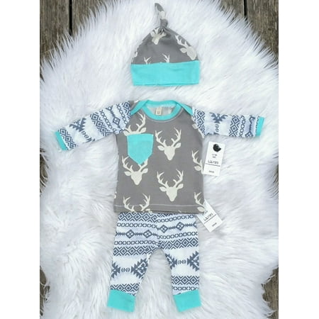 

Newborn Baby Girls Boy Deer Long Sleeve Tops T-shirt Pants Hat 3pcs Outfits Set