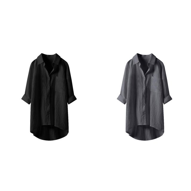 (2-Pack) Rinsvye Linen Pure Color Collar Button Long Sleeve Shirt Women Casual Lady Look Business Attire