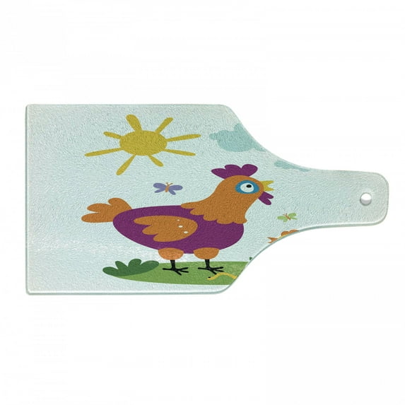 Hen and Chicks Cutting Board, Nursery Themed Cartoon with Chicken and Baby in Sunny Nature Day, Decorative Tempered Glass Cutting and Serving Board, in 3 Sizes, by Ambesonne