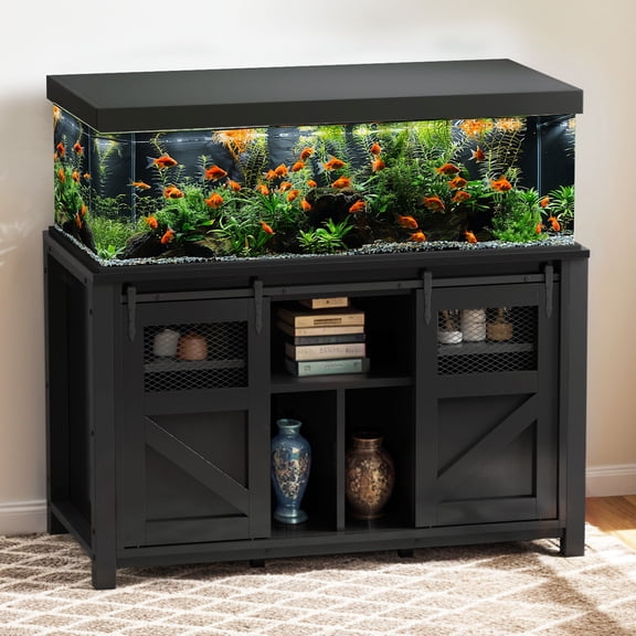 Uforic 120 gal Fish Tank Metal Stand with Storage, 1100 lbs Capacity, Power Outlets, Barn Door, Black
